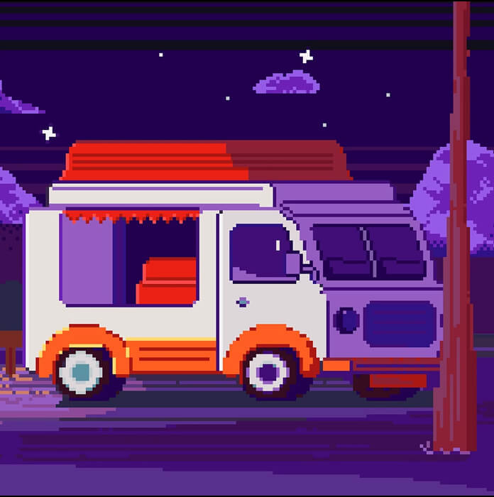 Ретро фургон для фастфуда, ночью, в пиксельном стиле.